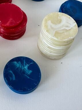 Vintage Bakelite Poker Chips, 190 total, red, white & blue craft supplies, game